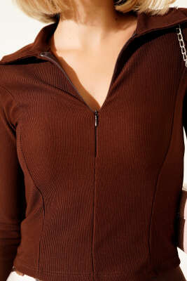 Yarım Fermuarlı Kaşkorse Bluz Kahve - Thumbnail