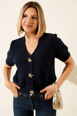 Pazarium - Deniz Yıldız Düğmeli Triko Hırka Lacivert