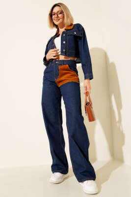 Kadife Detaylı Crop Ceketli Kot İkili Takım Koyu Mavi - Thumbnail