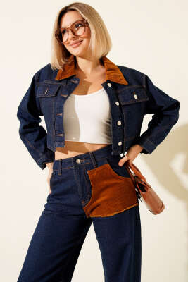 Kadife Detaylı Crop Ceketli Kot İkili Takım Koyu Mavi - Thumbnail