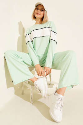 Pazarium - Loyşa Garnili Sweatshirt İkili Takım Mint
