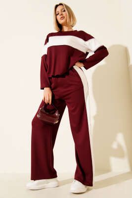 Pazarium - Loyşa Garnili Sweatshirt İkili Takım Bordo