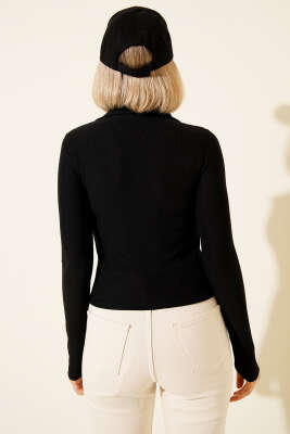 Yarım Fermuarlı Kaşkorse Bluz Siyah - Thumbnail