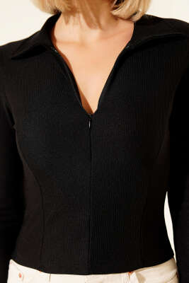 Yarım Fermuarlı Kaşkorse Bluz Siyah - Thumbnail