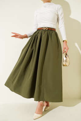 Kemerli Poplin Etek Haki - Thumbnail