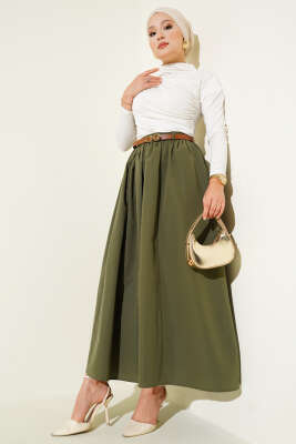 Kemerli Poplin Etek Haki - Thumbnail