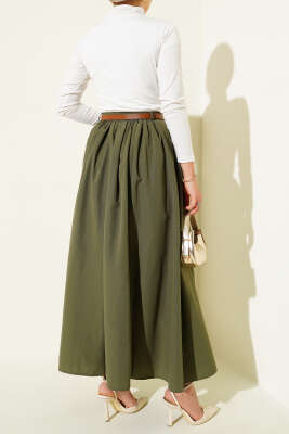 Kemerli Poplin Etek Haki - Thumbnail