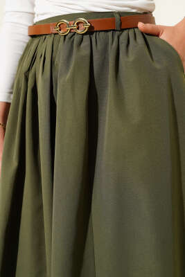 Kemerli Poplin Etek Haki - Thumbnail