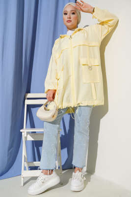 Çift Cepli Kapüşonlu Kap Sarı - Thumbnail