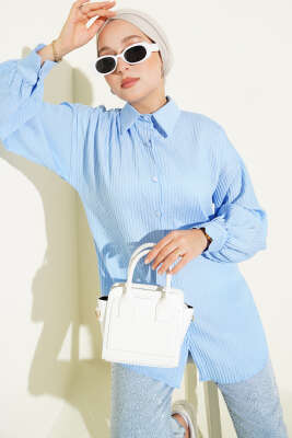 Pazarium - Kabartma Çizgili Bilek İpli Gömlek Bebe Mavi