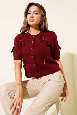 Yarım Kol Fiyonklu Triko Hırka Bordo - Thumbnail