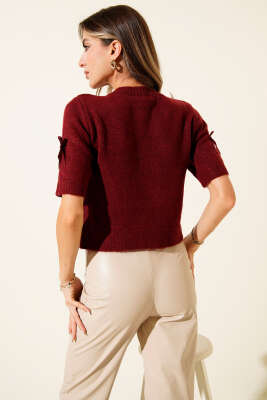 Yarım Kol Fiyonklu Triko Hırka Bordo - Thumbnail