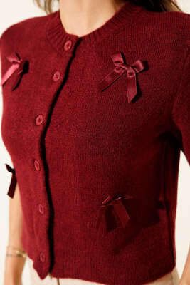 Yarım Kol Fiyonklu Triko Hırka Bordo - Thumbnail