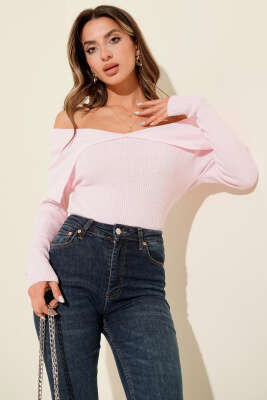 Kayık Yaka Triko Kazak Pembe - Thumbnail