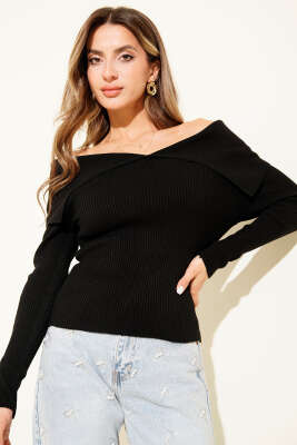 Kayık Yaka Triko Kazak Siyah - Thumbnail