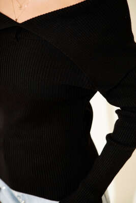 Kayık Yaka Triko Kazak Siyah - Thumbnail