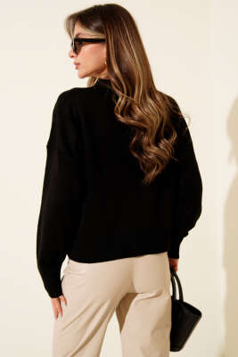 Tül Çiçekli Düğmeli Triko Kısa Hırka Siyah - Thumbnail