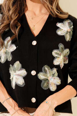 Tül Çiçekli Düğmeli Triko Kısa Hırka Siyah - Thumbnail