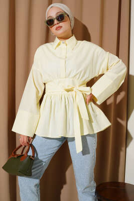 Gizli Düğmeli Bel Kuşaklı Gömlek Sarı - Thumbnail