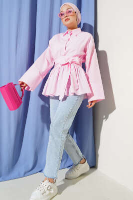 Gizli Düğmeli Bel Kuşaklı Gömlek Pembe - Thumbnail