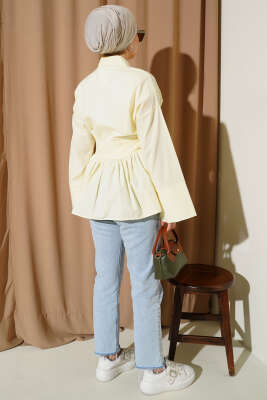 Gizli Düğmeli Bel Kuşaklı Gömlek Sarı - Thumbnail