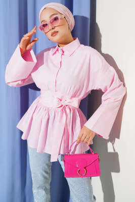 Gizli Düğmeli Bel Kuşaklı Gömlek Pembe - Thumbnail