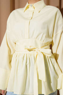 Gizli Düğmeli Bel Kuşaklı Gömlek Sarı - Thumbnail