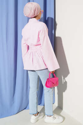 Gizli Düğmeli Bel Kuşaklı Gömlek Pembe - Thumbnail