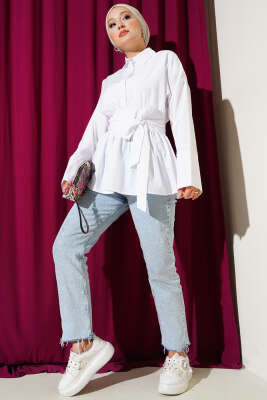 Gizli Düğmeli Bel Kuşaklı Gömlek Beyaz - Thumbnail