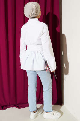 Gizli Düğmeli Bel Kuşaklı Gömlek Beyaz - Thumbnail