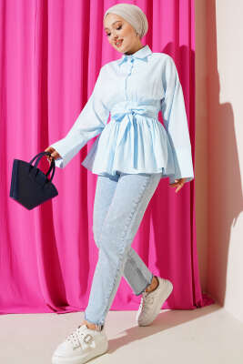 Gizli Düğmeli Bel Kuşaklı Gömlek Bebe Mavi - Thumbnail