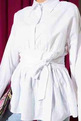 Gizli Düğmeli Bel Kuşaklı Gömlek Beyaz - Thumbnail