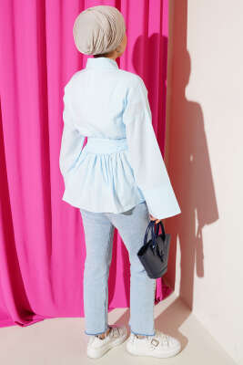 Gizli Düğmeli Bel Kuşaklı Gömlek Bebe Mavi - Thumbnail