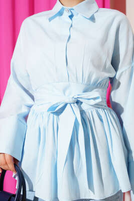 Gizli Düğmeli Bel Kuşaklı Gömlek Bebe Mavi - Thumbnail