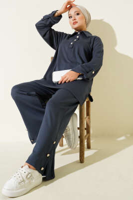 Pazarium - Loyşa Yarım Düğmeli Tunik İkili Takım Füme