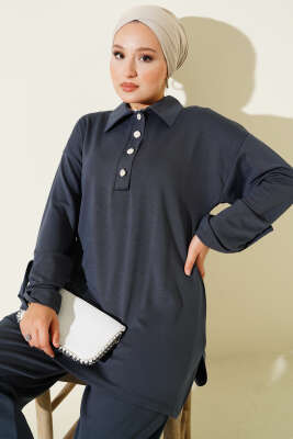 Loyşa Yarım Düğmeli Tunik İkili Takım Füme - Thumbnail