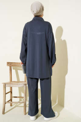 Loyşa Yarım Düğmeli Tunik İkili Takım Füme - Thumbnail