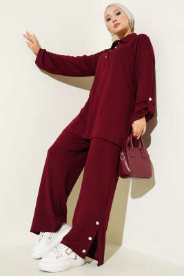Pazarium - Loyşa Yarım Düğmeli Tunik İkili Takım Bordo