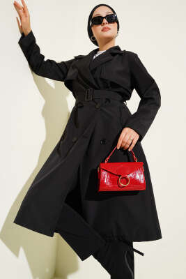 Kruvaze Yaka Cepli Kuşaklı Trençkot Siyah - Thumbnail