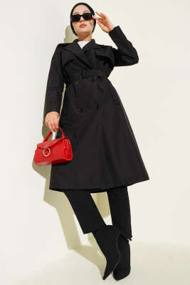 Kruvaze Yaka Cepli Kuşaklı Trençkot Siyah - Thumbnail