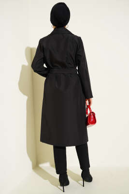 Kruvaze Yaka Cepli Kuşaklı Trençkot Siyah - Thumbnail