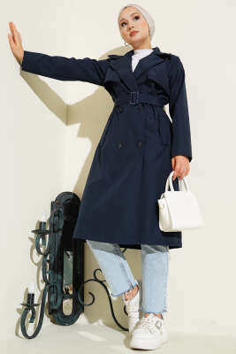 Kruvaze Yaka Cepli Kuşaklı Trençkot Lacivert - Thumbnail