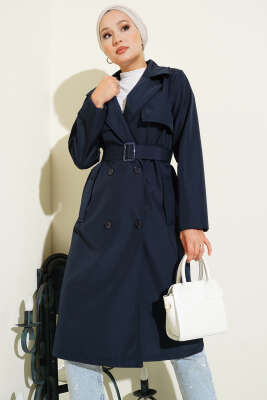 Kruvaze Yaka Cepli Kuşaklı Trençkot Lacivert - Thumbnail