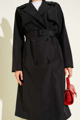 Kruvaze Yaka Cepli Kuşaklı Trençkot Siyah - Thumbnail