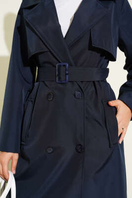 Kruvaze Yaka Cepli Kuşaklı Trençkot Lacivert - Thumbnail