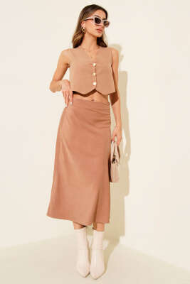 Pazarium - Düğmeli Yelekli Etek Süet İkili Takım Latte