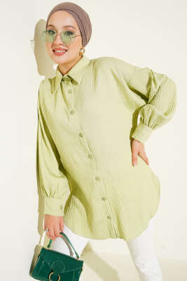Pazarium - Kabartma Çizgili Bilek İpli Gömlek Su Yeşili