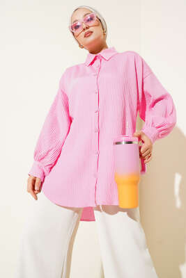 Pazarium - Kabartma Çizgili Bilek İpli Gömlek Pembe