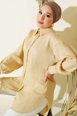 Pazarium - Kabartma Çizgili Bilek İpli Gömlek Bej