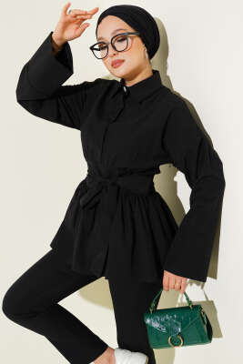 Gizli Düğmeli Bel Kuşaklı Gömlek Siyah - Thumbnail